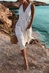 Taschen, Knopf, V-Ausschnitt, Midi-Kleid